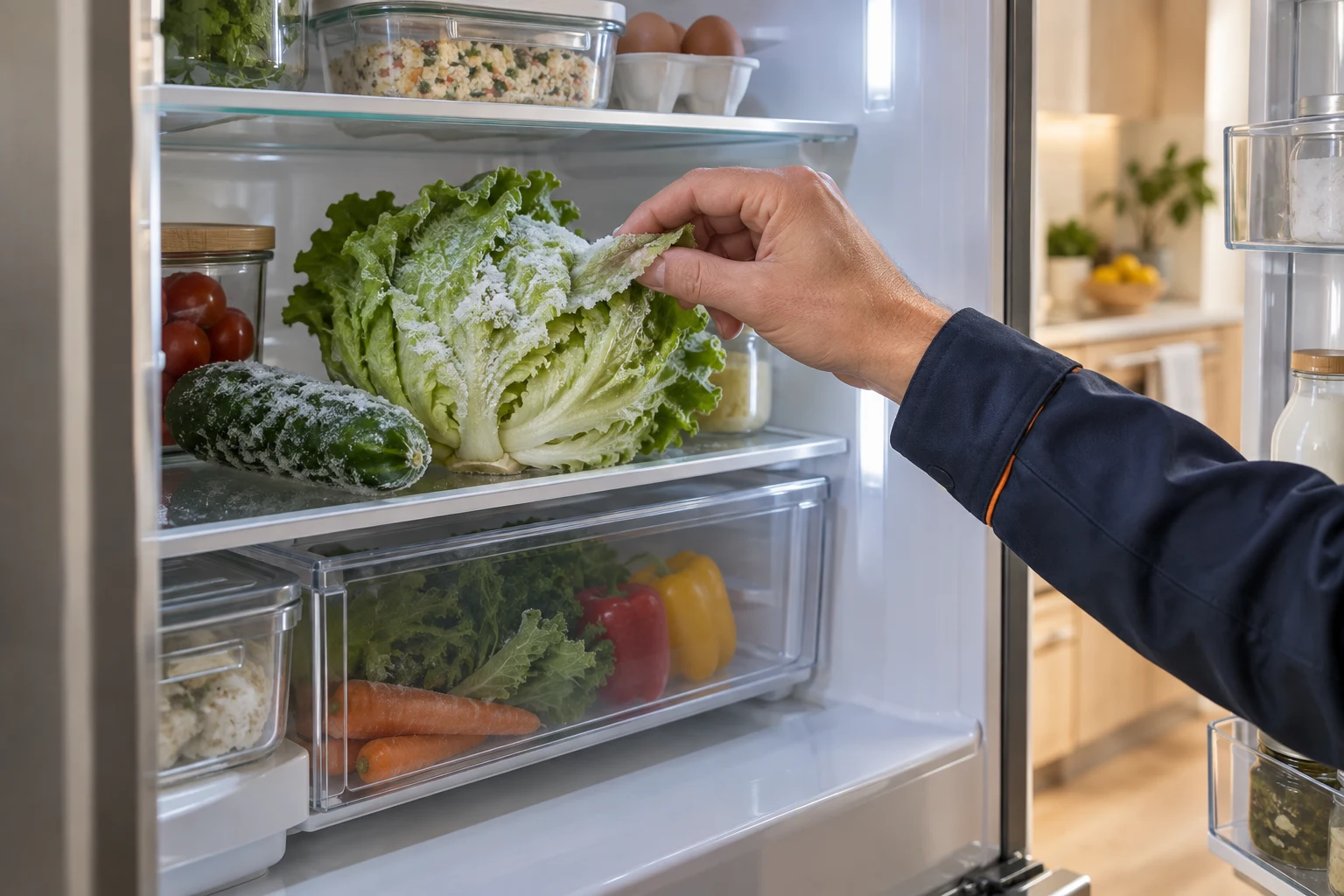 Иллюстрация замерзающих продуктов в холодильной камере